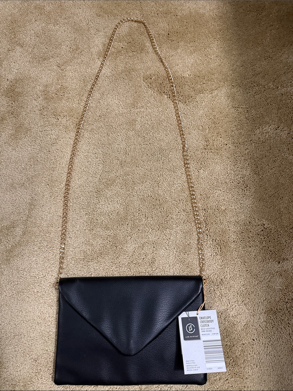 Black Envelope Crossbody Clutch with Gold Chain Strap